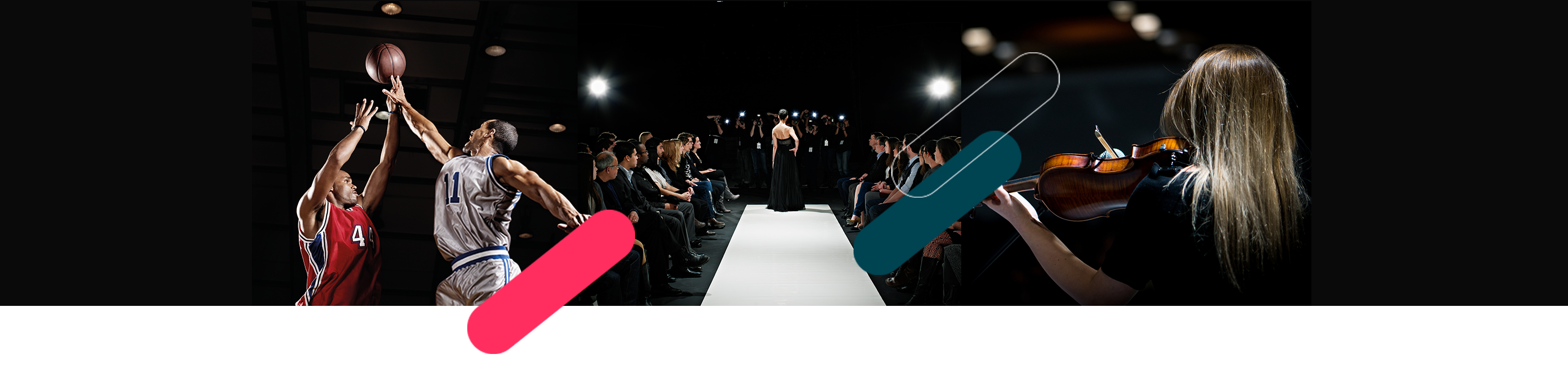 Graphic of two violinists in red and blue dresses flanking a glowing piano keyboard on dark stage