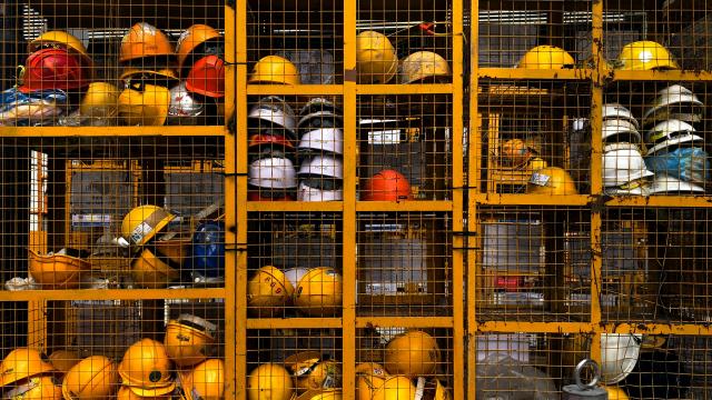 hardhats in a storage locker