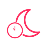 Pink crescent moon graphic with a small overlaid clock face.
