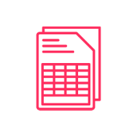 Pink icon of overlapping pages, front page displaying text lines and a table grid