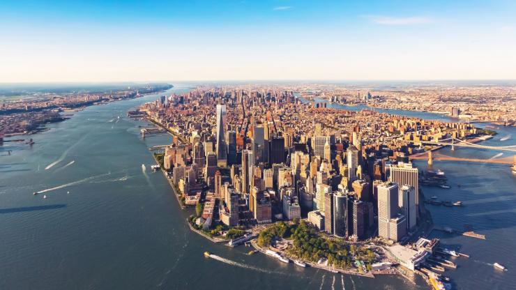 Aerial view of lower Manhattan New York City and the Hudson River
