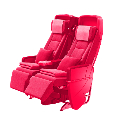 Two red reclining seats with adjustable headrests and extended footrests
