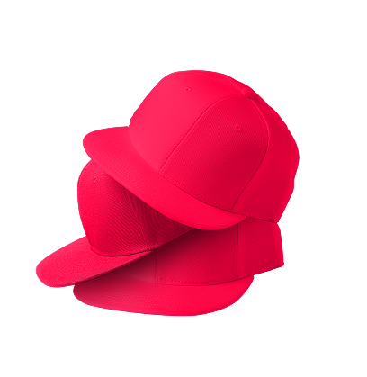 3D graphic of two hot pink overlapping baseball caps on black background