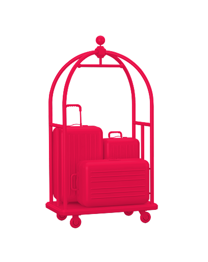 Graphic of a red hotel bell cart holding three suitcases.