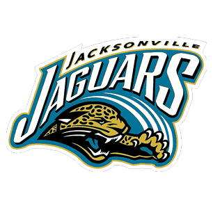 Jacksonville Jaguars logo: teal text with snarling jaguar head over blue stripes