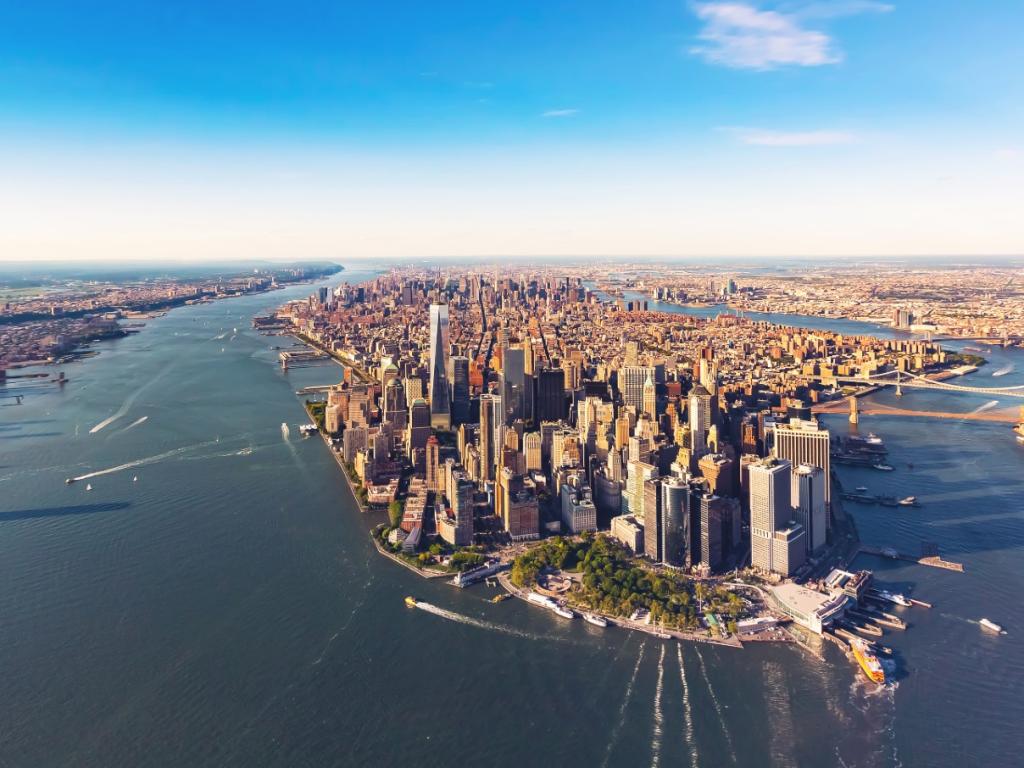 Aerial view of lower Manhattan New York City and the Hudson River