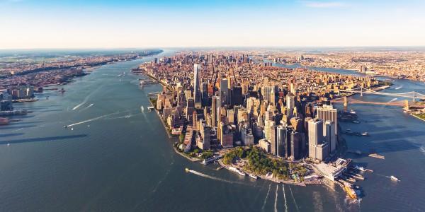 Aerial view of lower Manhattan New York City and the Hudson River