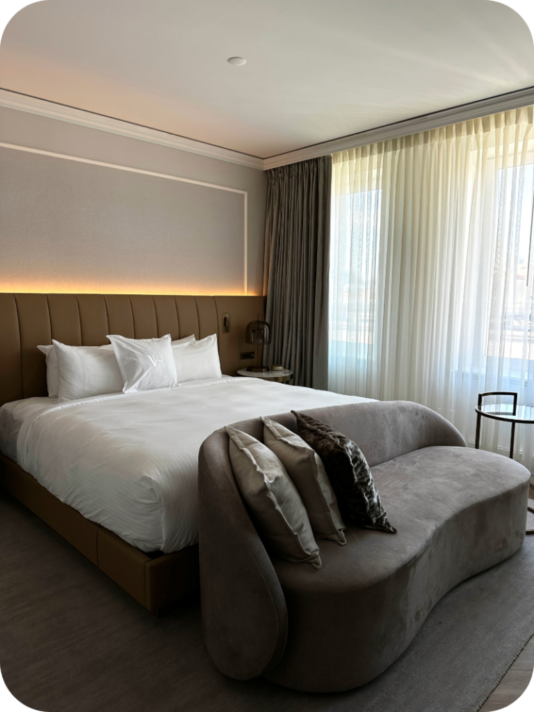 a hotel room with bed