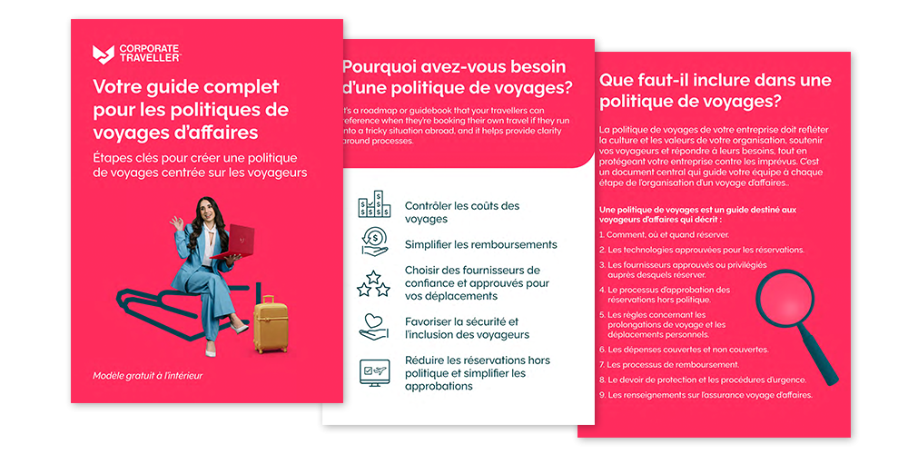 Trois visuels promotionnels Corporate Traveller présentant un guide sur les politiques de voyages d’affaires : couverture du guide, raisons d’en avoir une (contrôle des coûts, simplification des remboursements, sécurité des voyageurs) et éléments clés à inclure dans une politique (réservations, fournisseurs, approbations, dépenses, assurance).