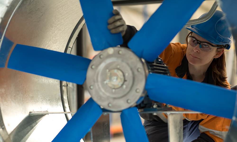Lady fixing a fan