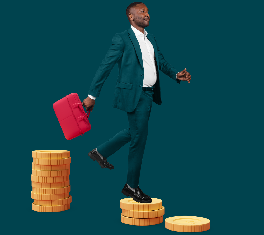 a man walking down a stack of coins