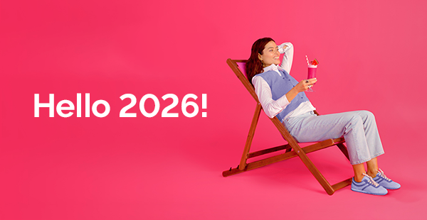 Woman sitting in deck chair, with text: Hello 2026!