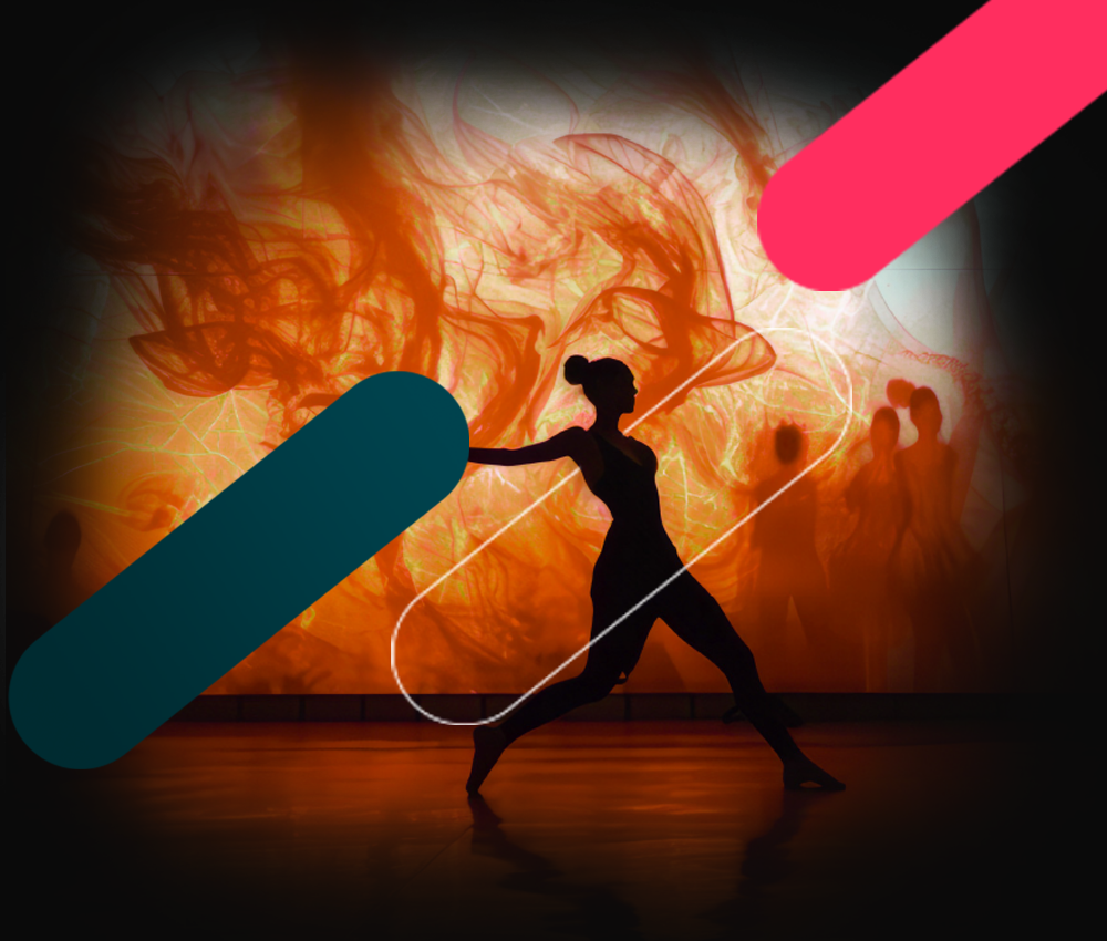 silhouette dancer twirling glowing rope against fiery orange backdrop with teal and pink accents