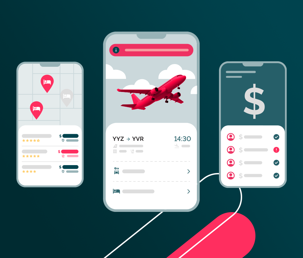 mobile screens with flight booking and expense management
