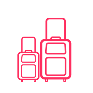 Two pink line graphic rolling suitcases, one large and one carry-on, side by side