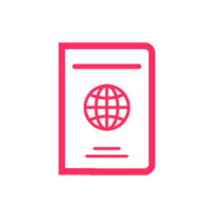 Red passport icon with globe emblem beneath cover line